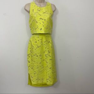 Whistles Leonora burnout crop top skirt set midi length slits size 8 yellow